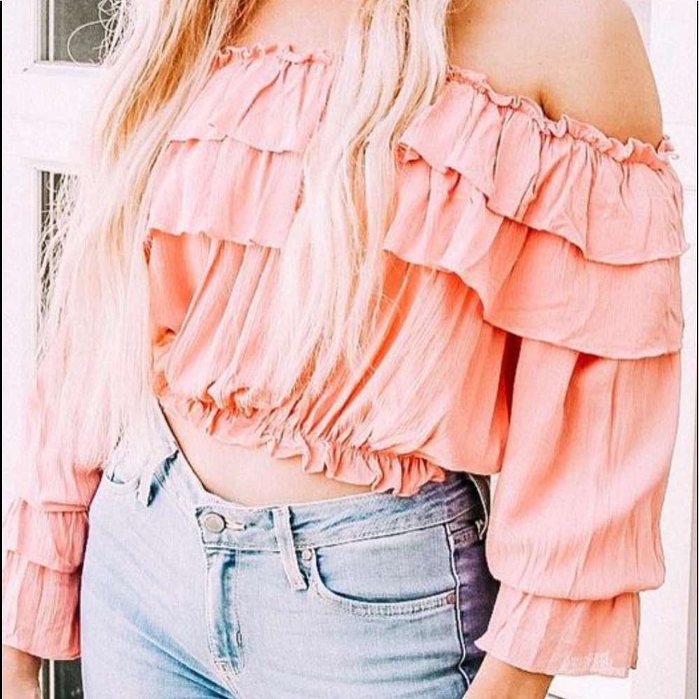 Olivaceous ruffled off the shoulder crop top